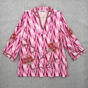 Soft Surroundings Tunic‎ Top Sz M Floral Embroidered 3/4 Boho Pink Statement
